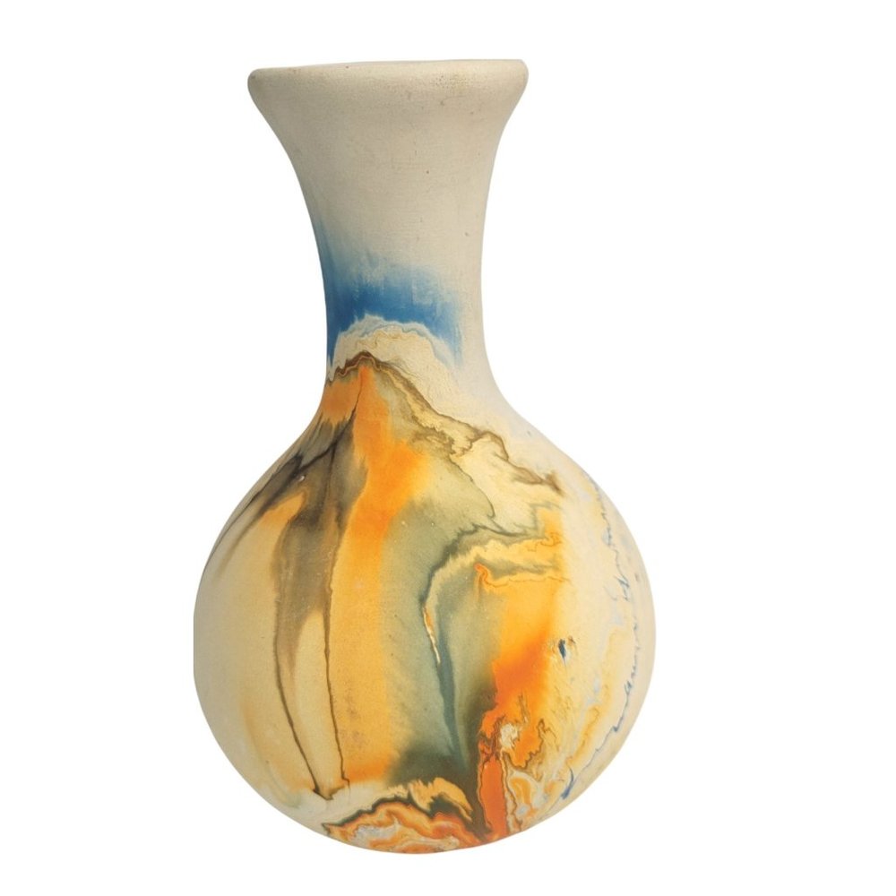 Nemadji Clay Earth Pottery Vase Blue Orange Swirl Vintage USA Made 6 1/2" x 3"